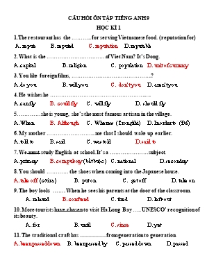 Câu hỏi ôn tập học kì 1 môn Tiếng Anh 9